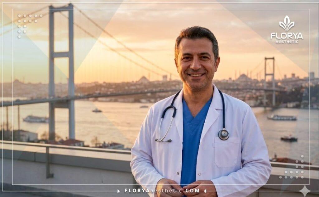 Friendly and welcoming eye specialist standing in front of the Bosphorus Bridge in Istanbul.