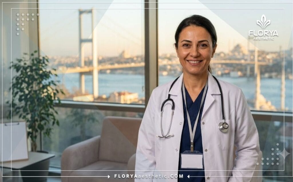 Cirujano amable dando la bienvenida a los pacientes en Estambul con un fondo icónico.