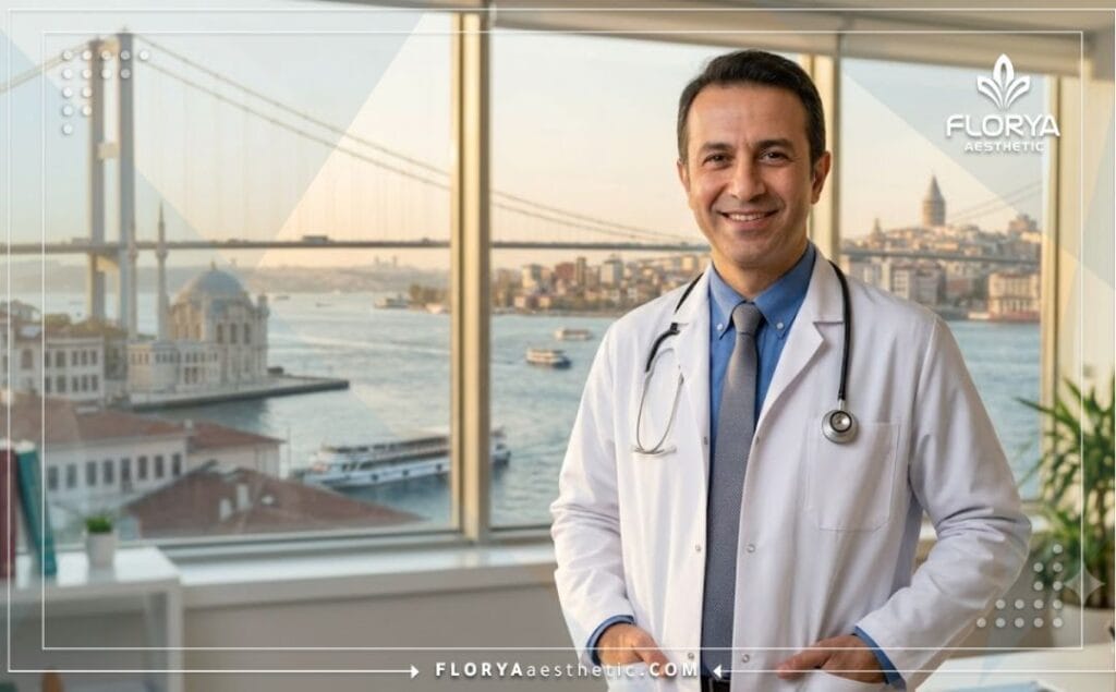 Friendly cosmetic surgeon welcoming patients with a beautiful Istanbul landmark behind.