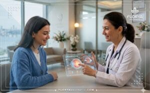 طبيب محترف يشرح خطة تجميل زوايا العين في تركيا للمريض باستخدام جهاز لوحي حديث
