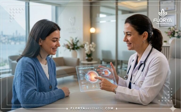 طبيب محترف يشرح خطة تجميل زوايا العين في تركيا للمريض باستخدام جهاز لوحي حديث