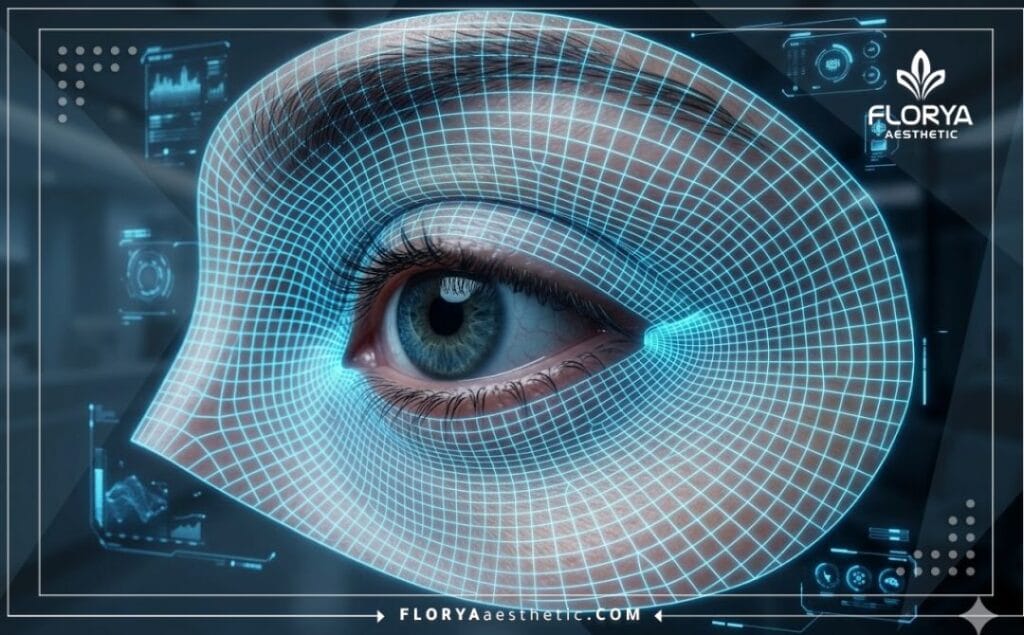 Modélisation numérique 3D de la zone des yeux pour préparer une intervention chirurgicale précise.