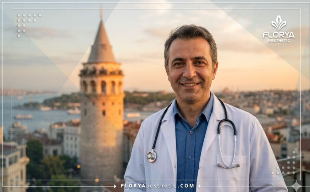 Un médecin accueillant avec un sourire chaleureux à Istanbul, avec vue sur un monument célèbre.