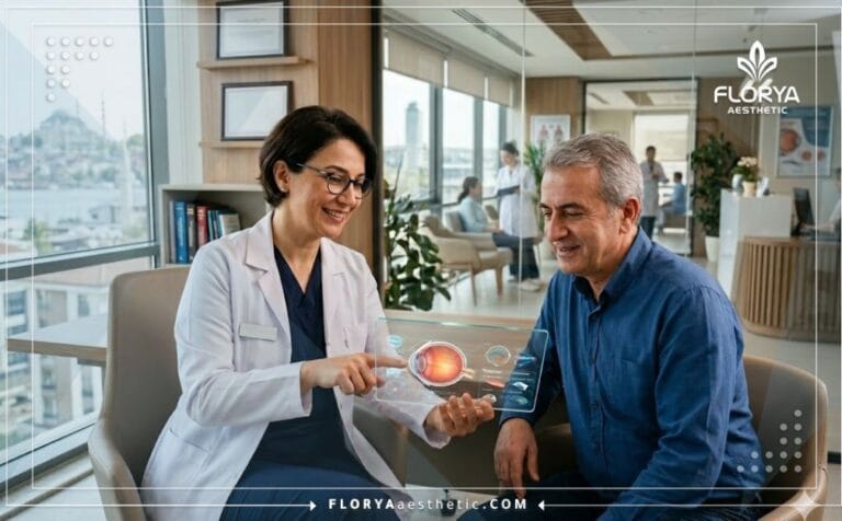 طبيب خبير يستخدم تقنية رقمية متطورة لشرح خطة عملية عيون القطة في تركيا للمريض