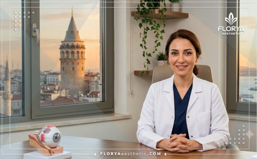 طبيب عيون مبتسم يرحب بالمرضى مع خلفية معالم اسطنبول الساحرة