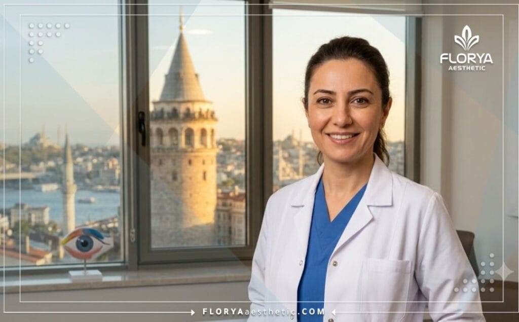 Chirurgien spécialiste des paupières souriant devant un monument d'Istanbul