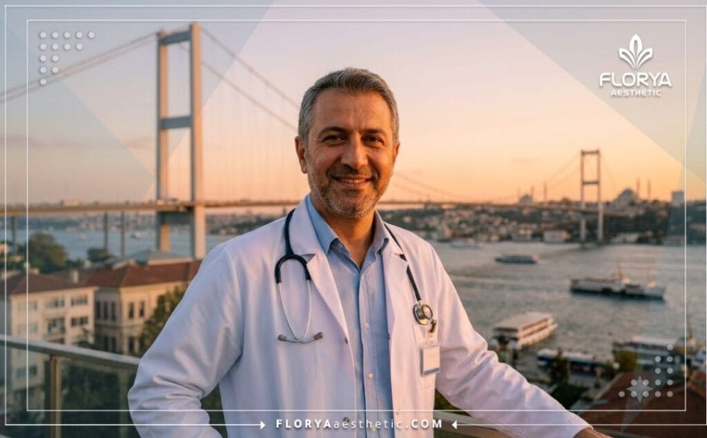 طبيب تجميل يرحب بالمرضى في اسطنبول مع خلفية لمعالم المدينة