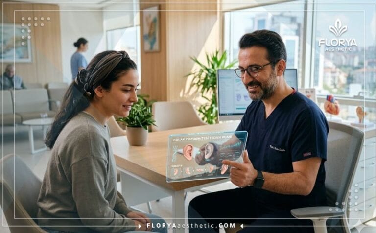 طبيب محترف يستخدم جهازا لوحيا متطورا لتخطيط علاج تشوهات الأذن في تركيا