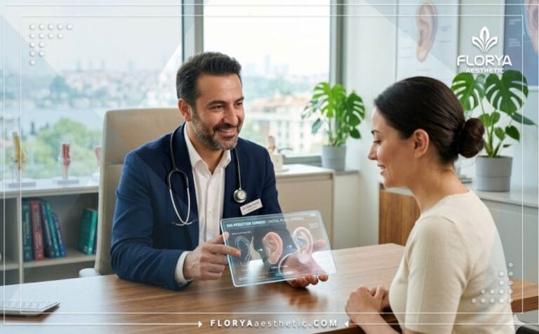 طبيب محترف يشرح خطة تصغير الأذن الكبيرة في تركيا للمريض عبر جهاز لوحي شفاف متطور