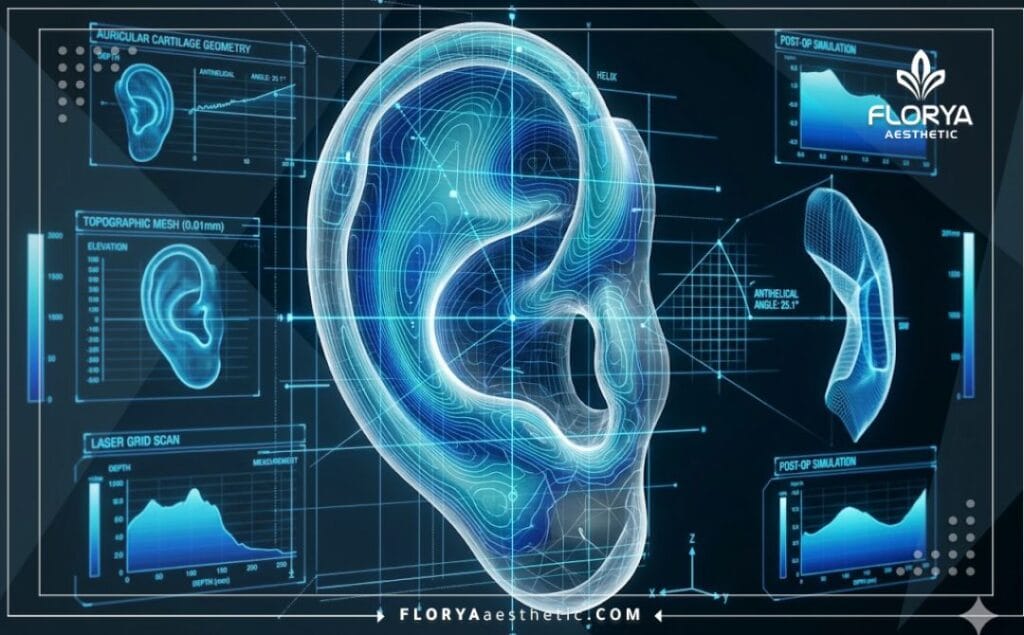 Futuristic macro 3D surface scan of the ear cartilage anatomy showing procedural precision.