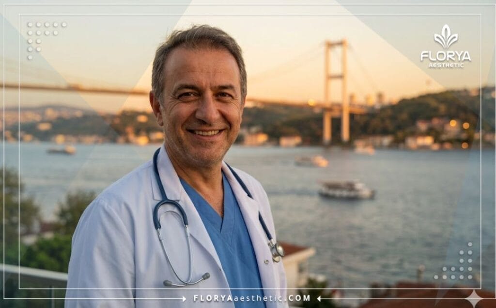 Friendly plastic surgeon standing with the iconic Galata Tower in the background.