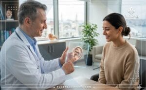 طبيب متخصص يشرح خطة نحت غضروف الأذن في تركيا للمريض عبر جهاز لوحي شفاف وحديث