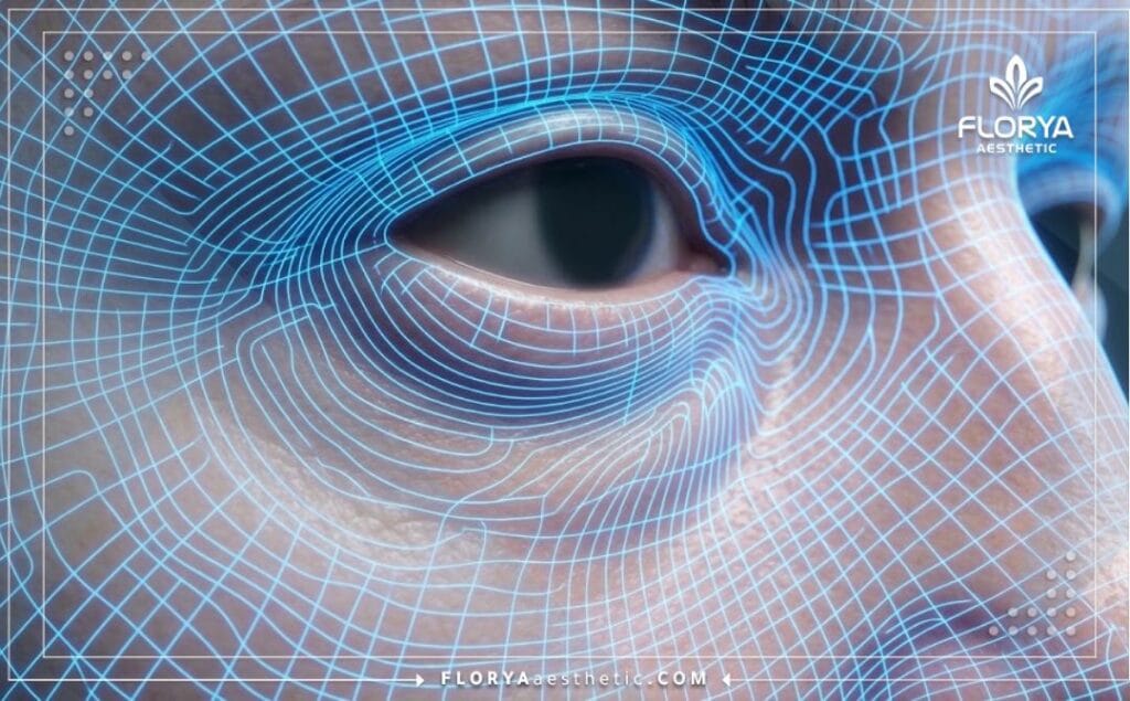 Visualisation 3D de haute technologie ciblant spécifiquement la zone des paupières inférieures.