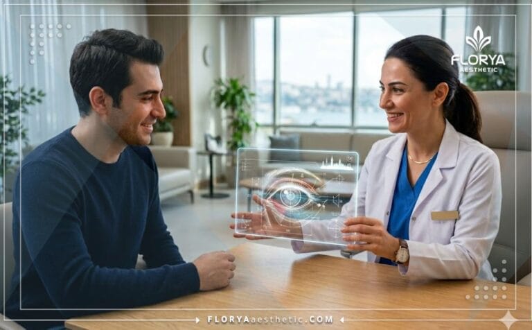 طبيب محترف يشرح خطة عملية تكبير العيون في تركيا للمريض عبر جهاز لوحي متطور