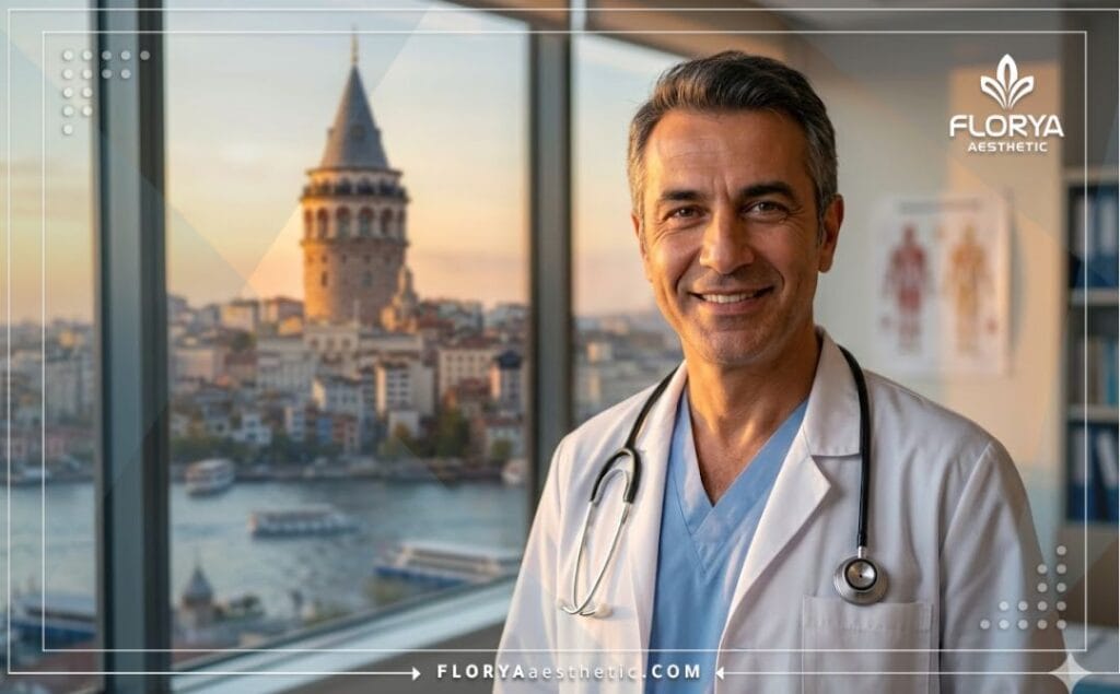 Cirujano amigable en Estambul con vista panorámica durante el atardecer