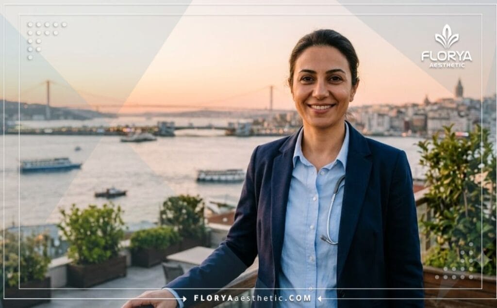 Chirurgien spécialiste des paupières souriant avec Istanbul en arrière-plan.