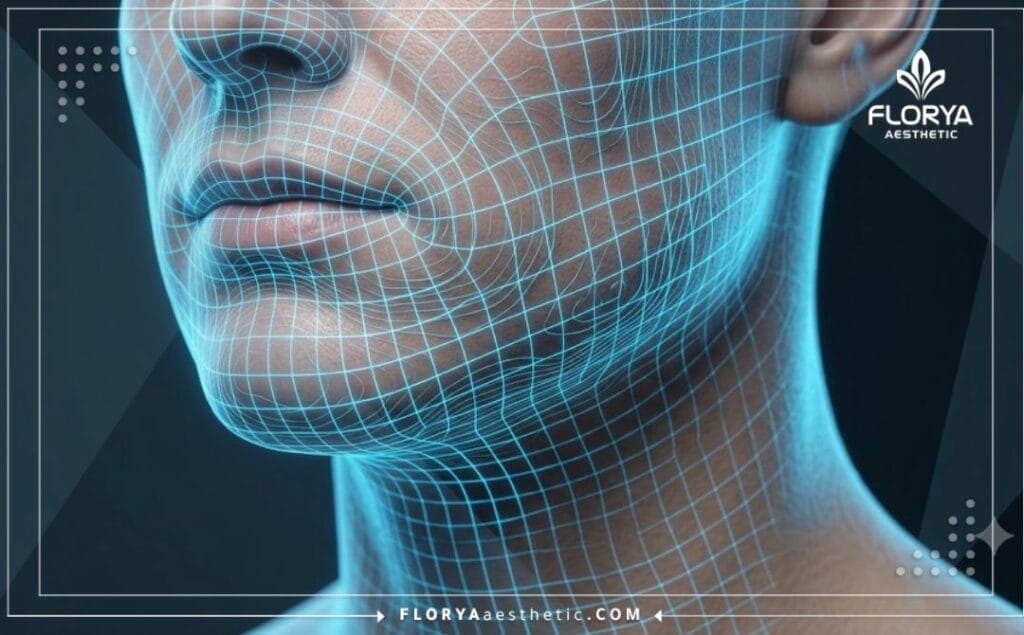 High-tech digital 3D mesh surface scan highlighting facial anatomy and skin texture without any text.