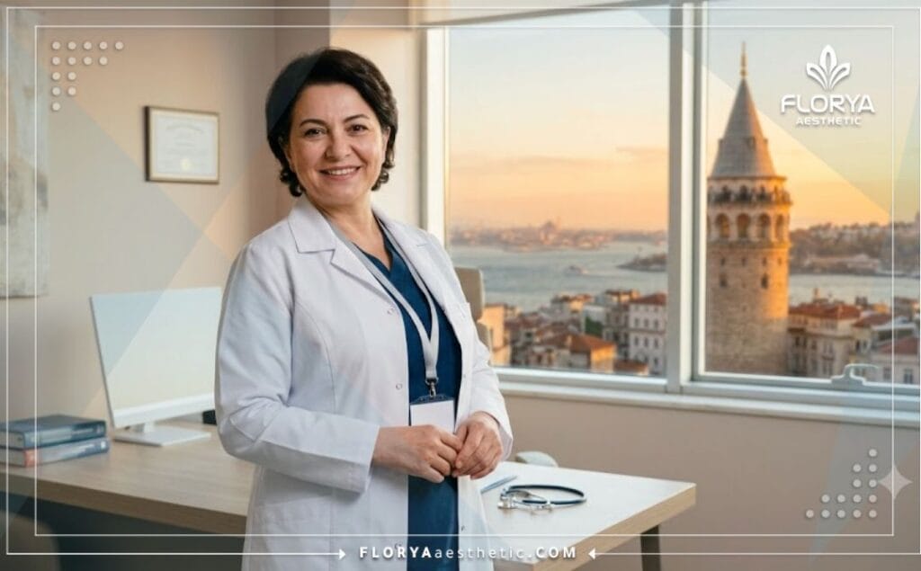 Friendly specialized doctor welcoming patients with a view of Istanbul landmarks in the background.