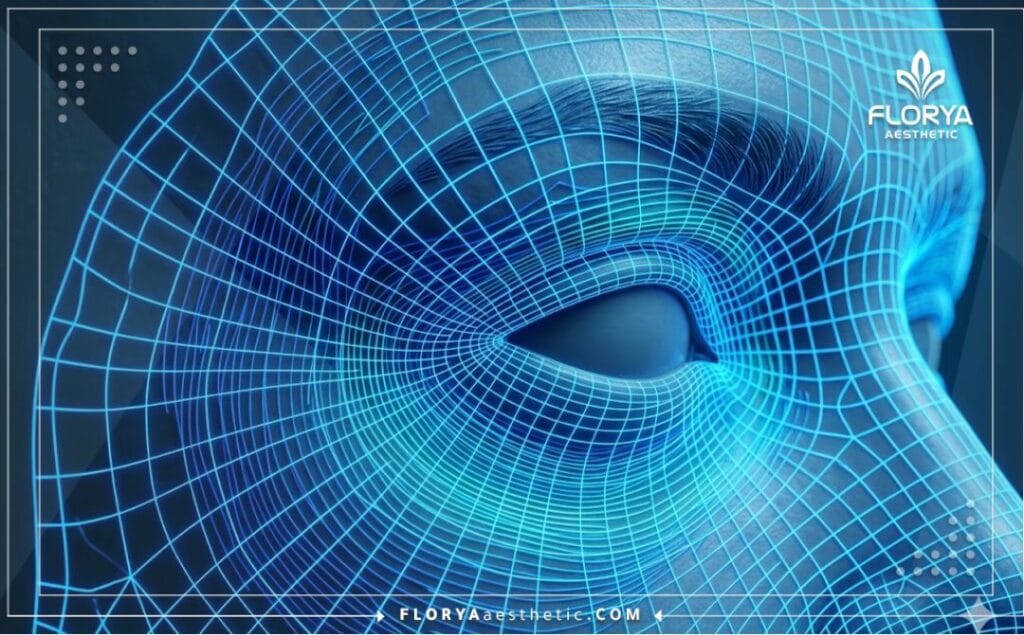 Futuristic 3D surface scan of the eye area highlighting precise medical technology