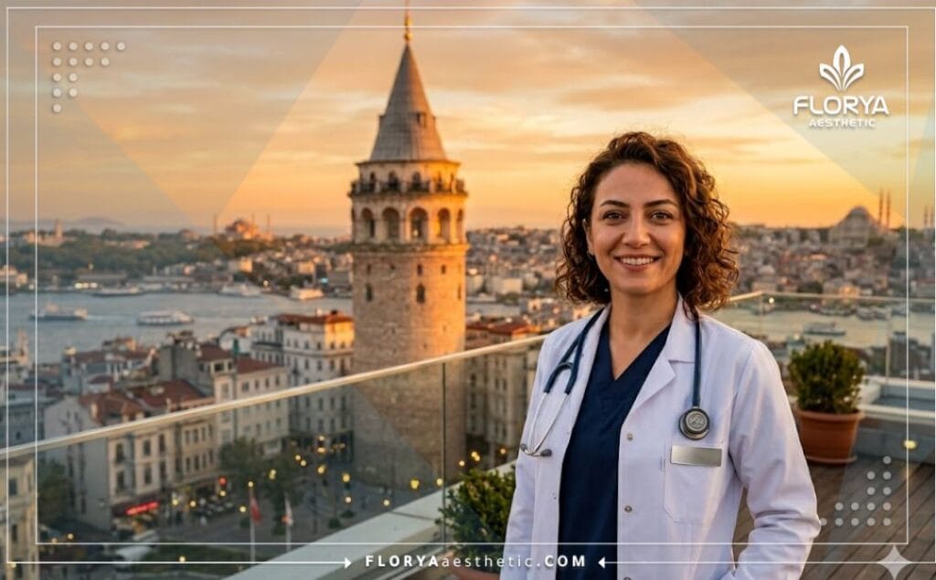 Smiling cosmetic surgeon standing in front of the iconic Bosphorus Bridge in Istanbul