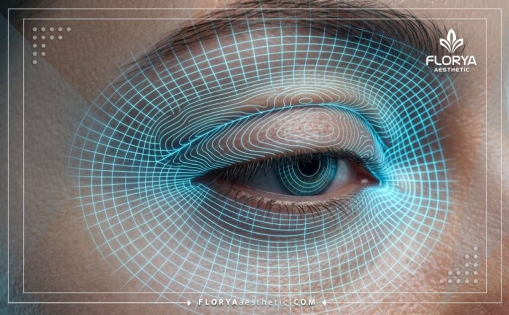 Detailed digital 3D mesh scan focusing precisely on the anatomical eye region for accurate planning.