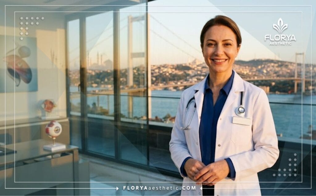 Welcoming specialist doctor standing with a scenic Istanbul landmark in the background.