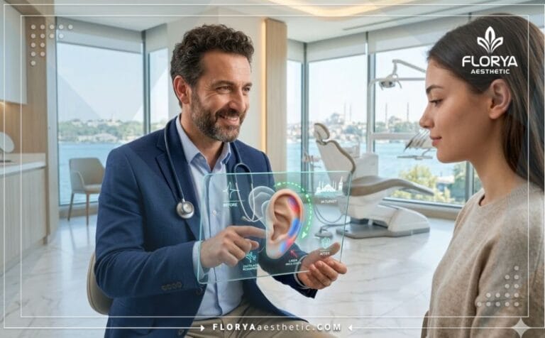 طبيب خبير يستخدم تقنية رقمية حديثة للتخطيط لإجراء تجميل الأذن بالليزر في تركيا