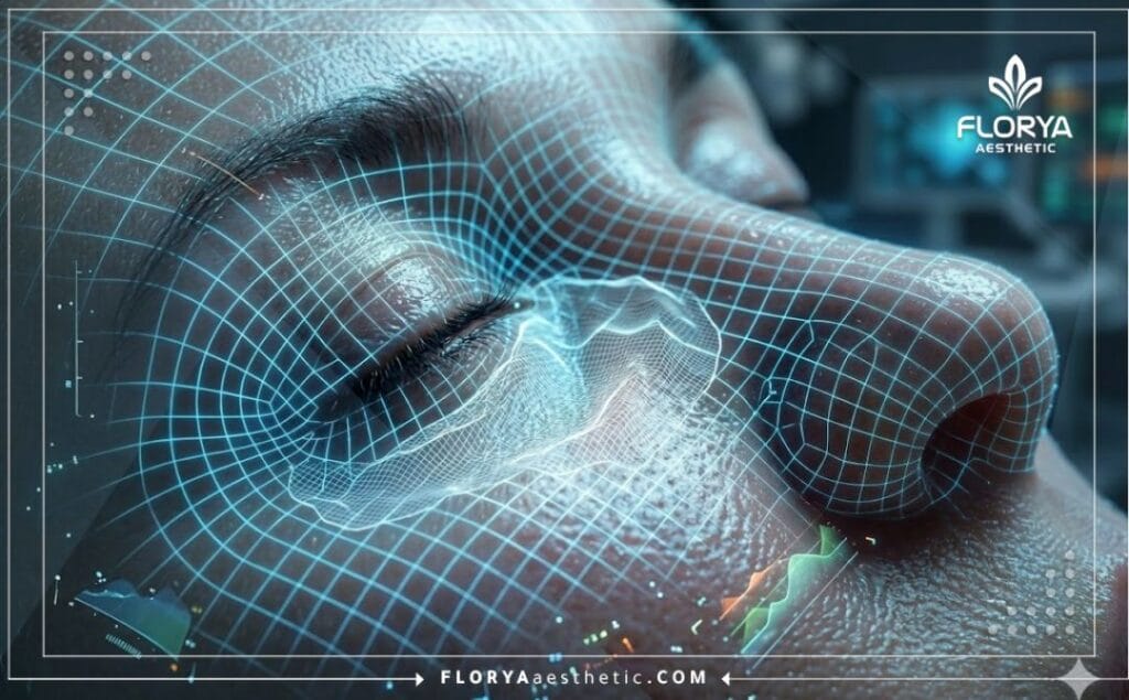 High-tech macro 3D surface scan of the lower eyelid and under-eye area.