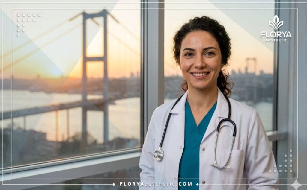 Friendly cosmetic surgeon smiling with the Istanbul Bosphorus Bridge in the background.