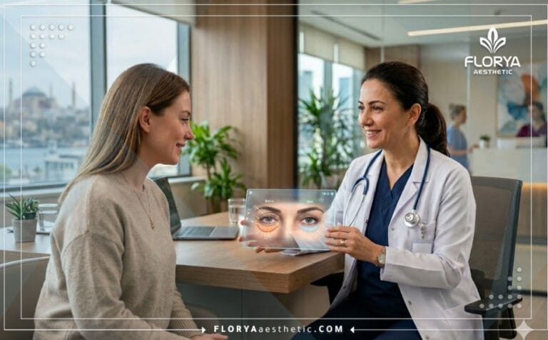طبيب محترف يستخدم التكنولوجيا الحديثة لتخطيط عملية قص الجفون السفلية في تركيا مع المريض