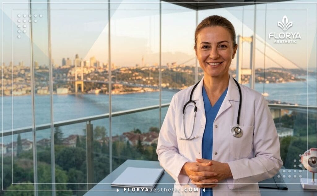 Médico especialista amable dando la bienvenida con un paisaje emblemático de Estambul de fondo.