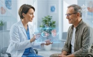 طبيب يوضح خطة تقنية الخياطة المجهرية في جراحات العين التجميلية عبر جهاز لوحي ذكي