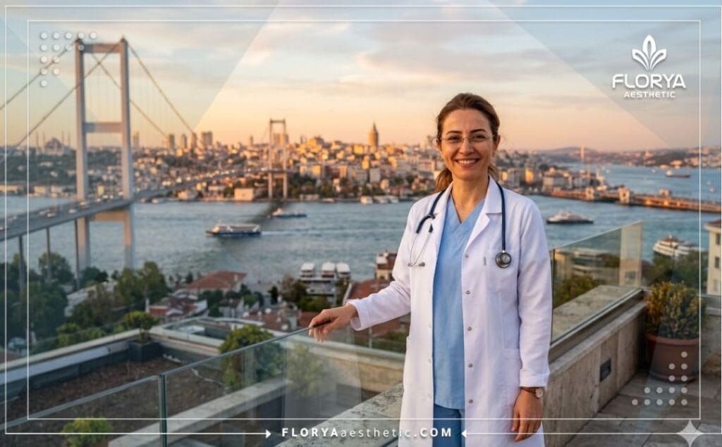 Friendly aesthetic surgeon in Istanbul with the Galata Tower in the background.