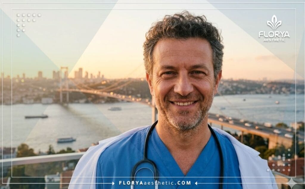 Friendly plastic surgeon welcoming patients with an Istanbul landmark behind