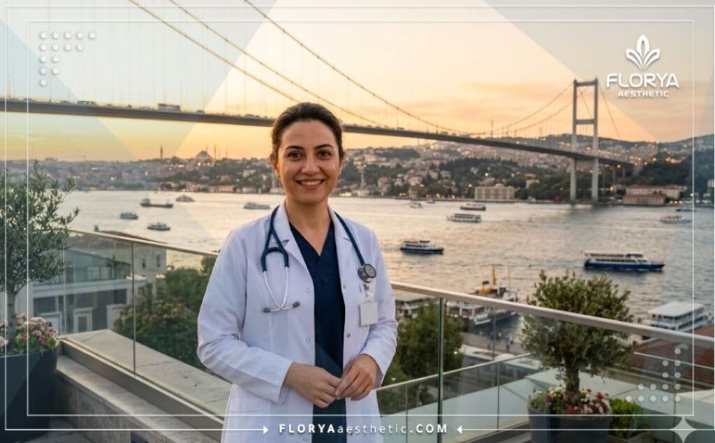 Smiling surgeon welcoming patients in front of an iconic Istanbul landmark.