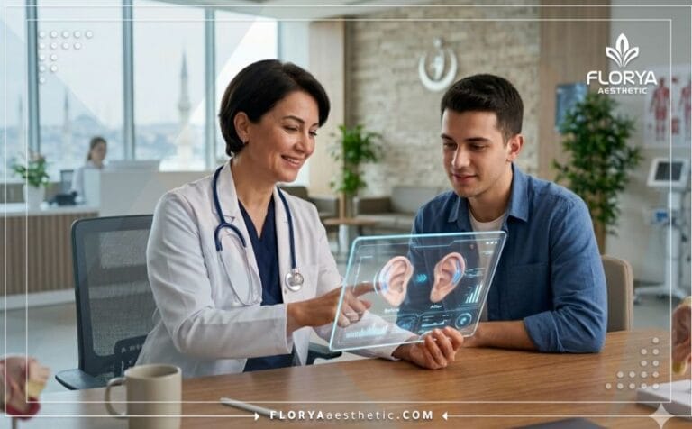 طبيب يشرح خطة تجميل صيوان الأذن في تركيا عبر شاشة ذكية