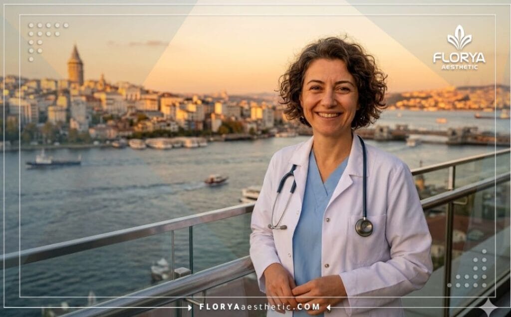 Doctor amable y sonriente con un hermoso paisaje de Estambul al fondo