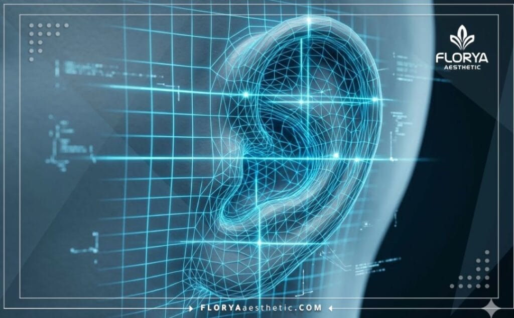 مسح ثلاثي الأبعاد دقيق لمنطقة الأذن يوضح تقنيات الجراحة التجميلية والتخطيط الرقمي