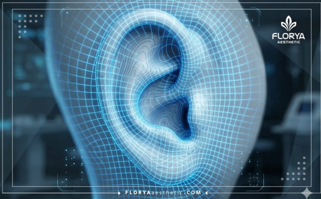 High-tech 3D macro surface scan focusing on the ear anatomy.