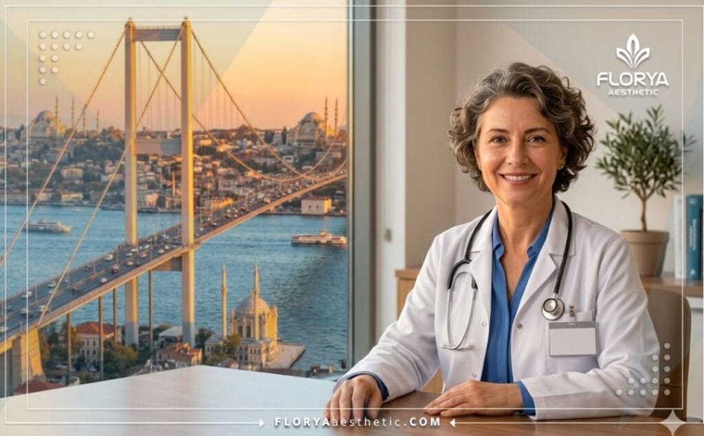 Welcoming aesthetic doctor standing in front of the iconic Bosphorus Bridge in Istanbul.