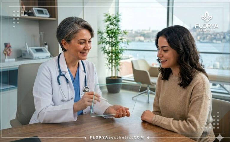 Cirujano experto mostrando el plan digital de una Rinoplastia ultrasónica en Turquía a un paciente.