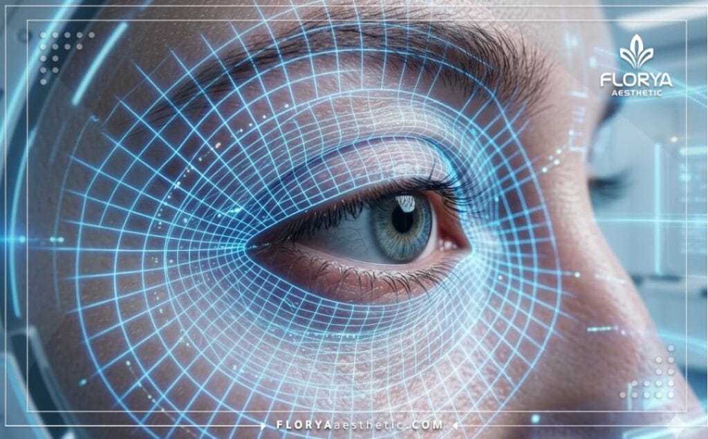High tech 3D digital surface scan mesh focused on the eye and eyelid area.