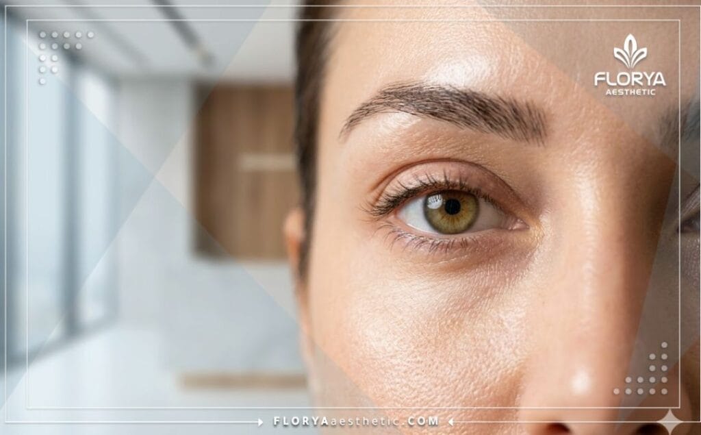 Cinematic close up of flawless smooth skin showing perfect results after an eyelid lift procedure.