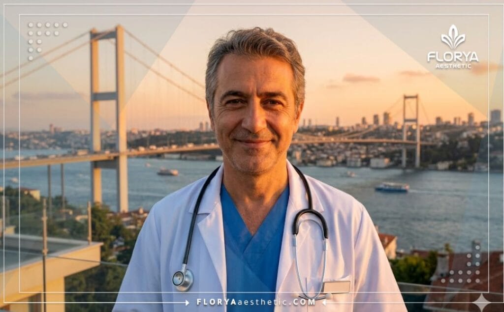 Smiling medical professional standing in front of the historic Galata Tower in Istanbul.