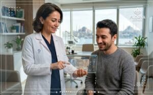 طبيب محترف يشرح خطة تجميل الأذن البارزة في تركيا للمريض عبر شاشة متطورة
