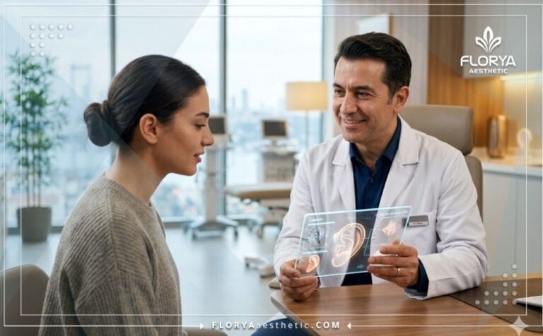 طبيب خبير يستخدم تكنولوجيا متقدمة لشرح خطة تصحيح الأذن البارزة في تركيا للمريض