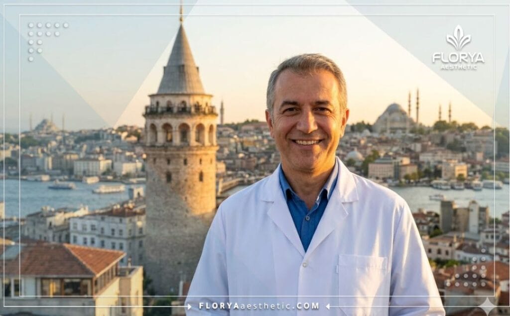 Friendly plastic surgeon welcoming a patient to an Istanbul clinic with a city landmark