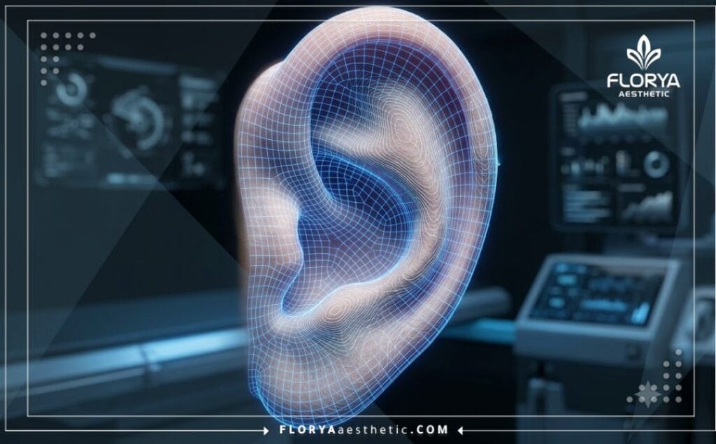 High-tech 3D macro surface scan highlighting the precise anatomy of the ear cartilage.
