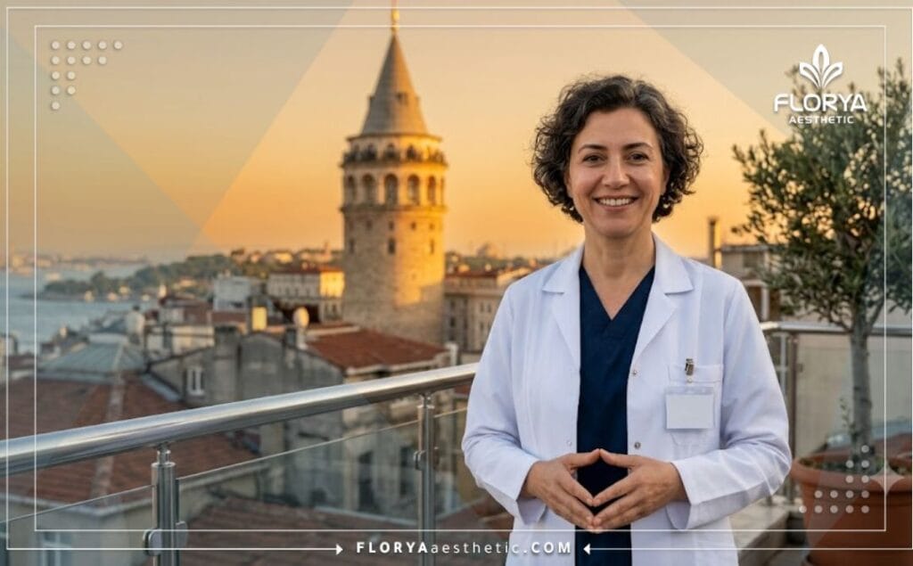 Médecin expert en chirurgie esthétique accueillant un patient à Istanbul avec la tour Galata en arrière-plan.