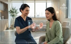 طبيب محترف يشرح خطة تجميل الأذن بالخيوط في تركيا للمريض باستخدام جهاز لوحي متطور